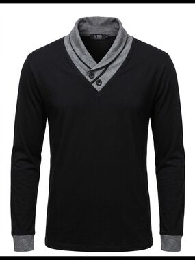 Men's Black V-Neck Sweater with Gray Shawl Collar